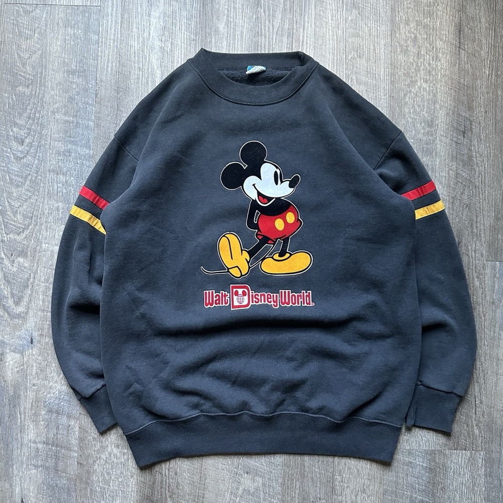 Vintage 80s Walt Disney World Mickey Mouse Felt Print Stripe Sweatshirt Mens 2XL